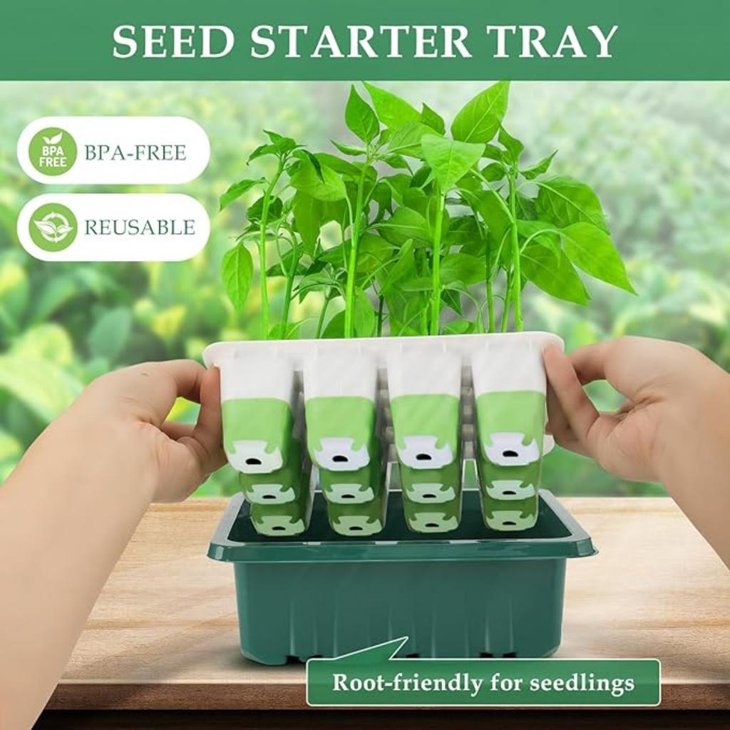 12 Cells Seed Starter Tray, Indoor Seed Starter Kit, Flexible Silicone Designed Seedling Starter Trays, Germination Tray with Humidity Dome & Lids