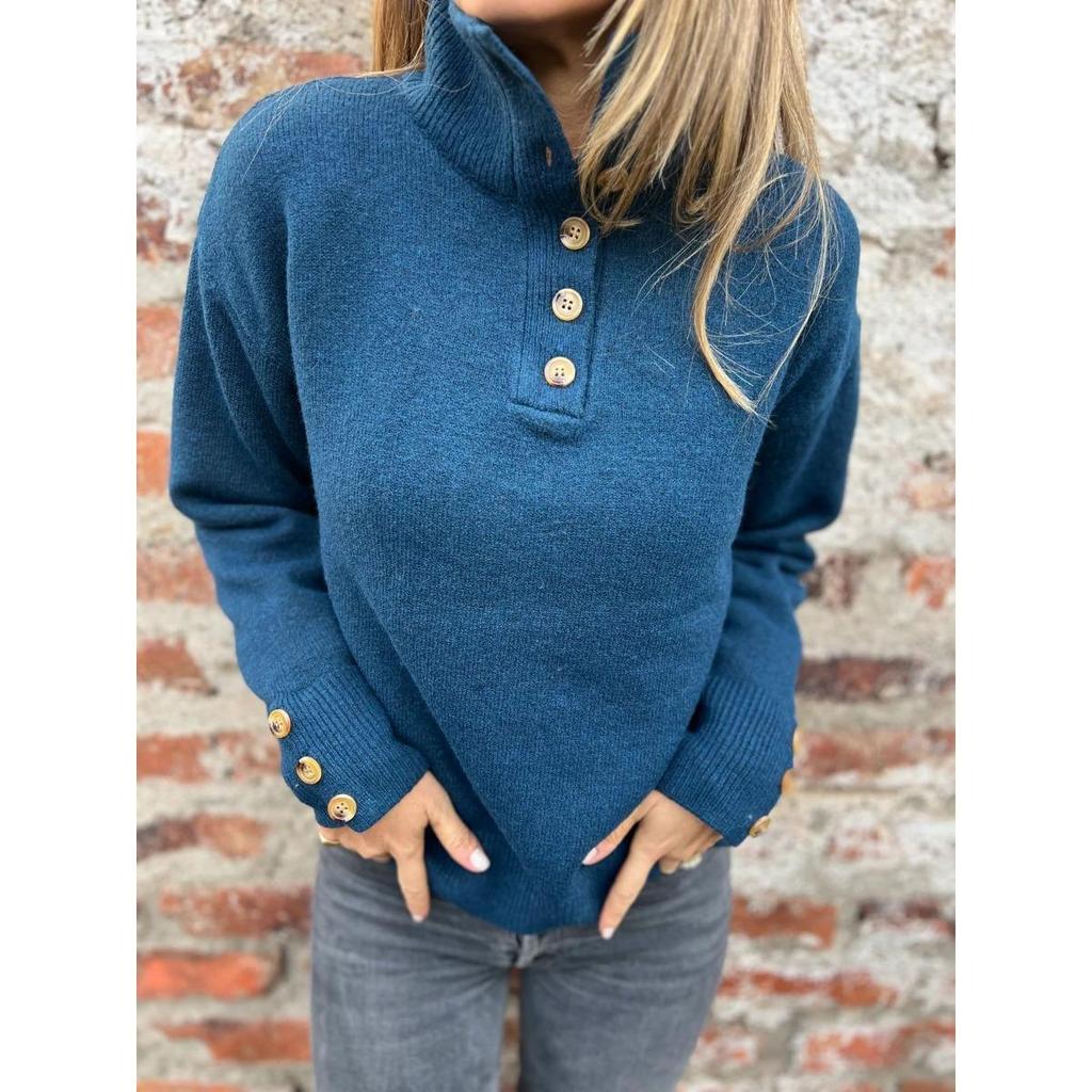 New Women's Autumn Winter Solid Color Casual Turtleneck Loose Knitted Button Pullover Sweater