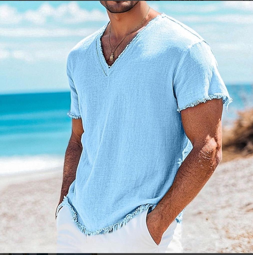 Mens Cotton Blend T Shirt Short Sleeve V Neck Summer Solid Casual Top