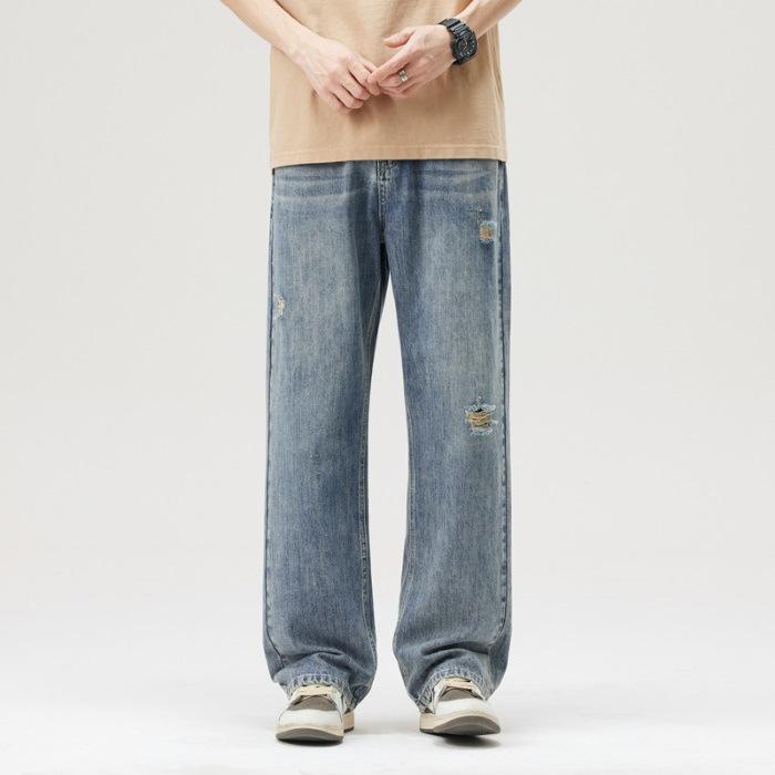 New Spring and Summer Loose Wide-leg Pants Straight High Street Retro Ripped Jeans Men