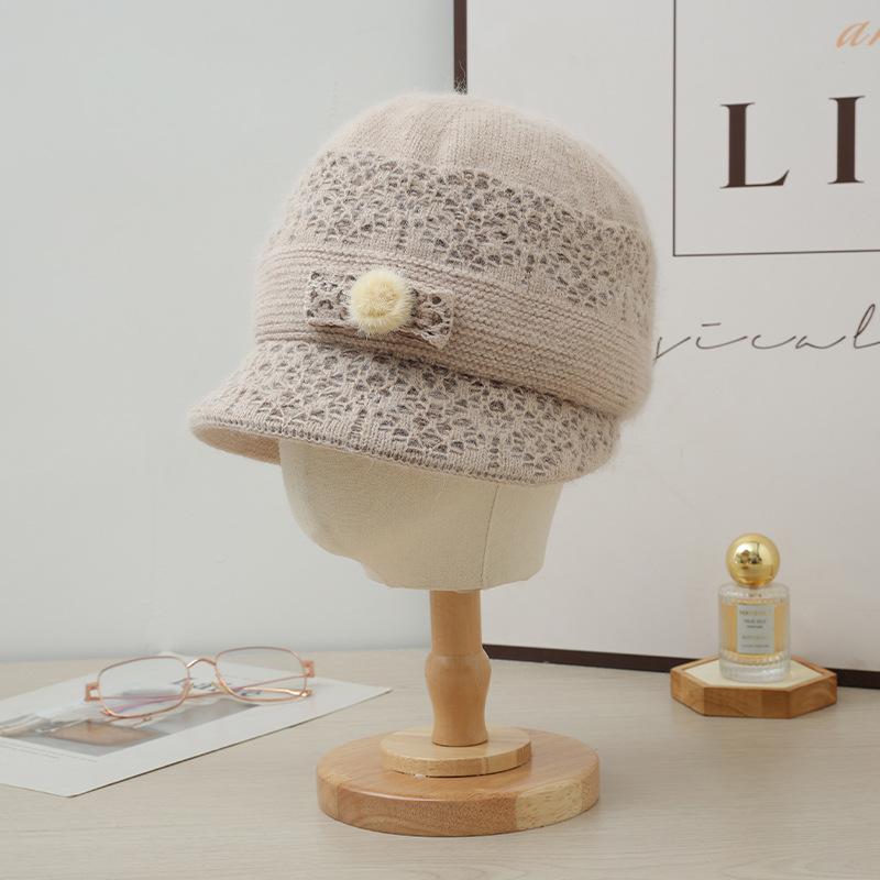 New Autumn and Winter Two Color Plush Bow Warm Basin Hat Versatile Bright Silk Rabbit Hair Basin Hat Can Scarf Cold Proof Set