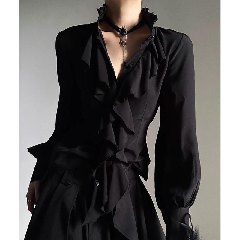 Dunkle Japanische Viktorianische Vintage Gothic Bluse Schwarz Laternenärmel Rüschenhemd Harajuku Y2K Punk Streetwear Cosplay