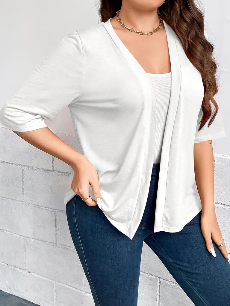 Plus Size Women's Mid-Sleeve Cardigan Jacket - Lightweight, Solid Color, 2026 New Arrival