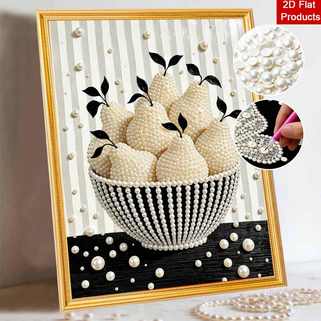 Unique 5D Framed Pearl Painting Kit with White Pear Fruit Bowl Pattern Sparkling Bead Art Canvas DIY Handmade Craft for Living Room Decor