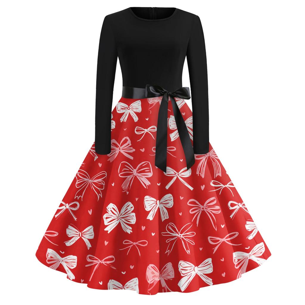 Women's Vintage Christmas Print Long Sleeve Round Neck Party Dress for Holiday Parties