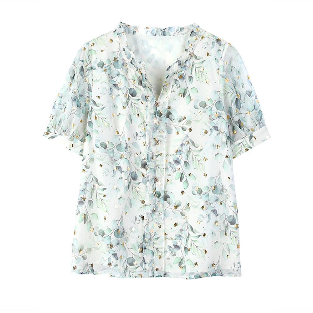 Mom's Short Sleeve Floral Chiffon Shirt Women's Summer New Loose Causal V Neck Thin Top