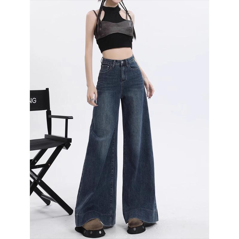 Women American Vintage Wide Leg Jeans High Waist Loose Flared Trousers Draped Floor-Length Denim Pants Autumn Casual Pants