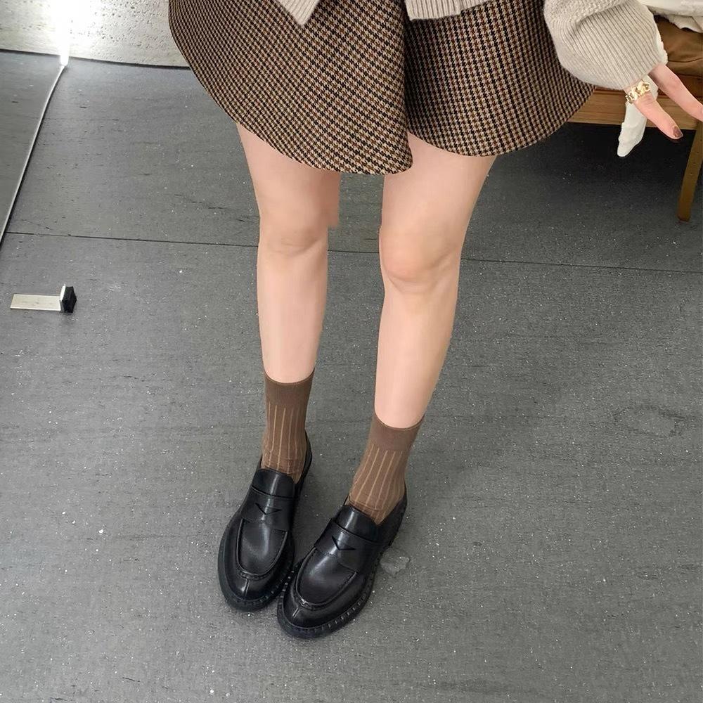 Cowhide version~ Genuine leather platform loafers women's black round head thick heel single shoes retro British lazy small leather shoes