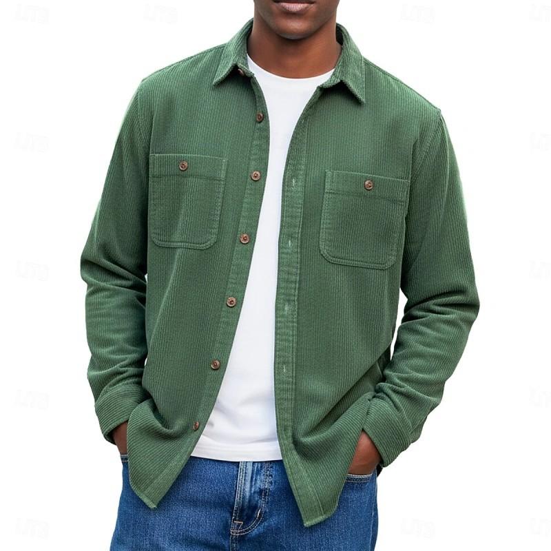 Autumn Winter Men's Solid Color Corduroy Double Pocket Button Long Sleeve Casual Shirt