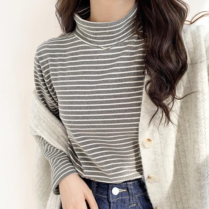 Women's Striped Half-High Neck Base Layer Top - Cozy Autumn/Winter Korean Style Innerwear