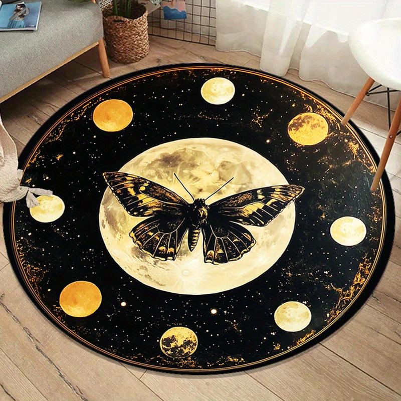 

1pc Round Lunar Moth Print Carpet, Crystal Velvet Polyester, Non-Slip Mat, Suitable for Living Room and Bedroom 100x100cm
