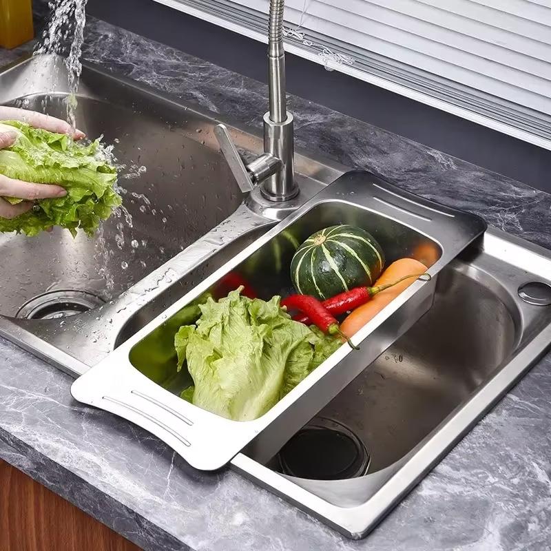 Stainless Steel Draining Rack Multifunctional Kitchen Sink Strainer Baskets Vegetable Fruit Bowl Storage Basket Household Tools