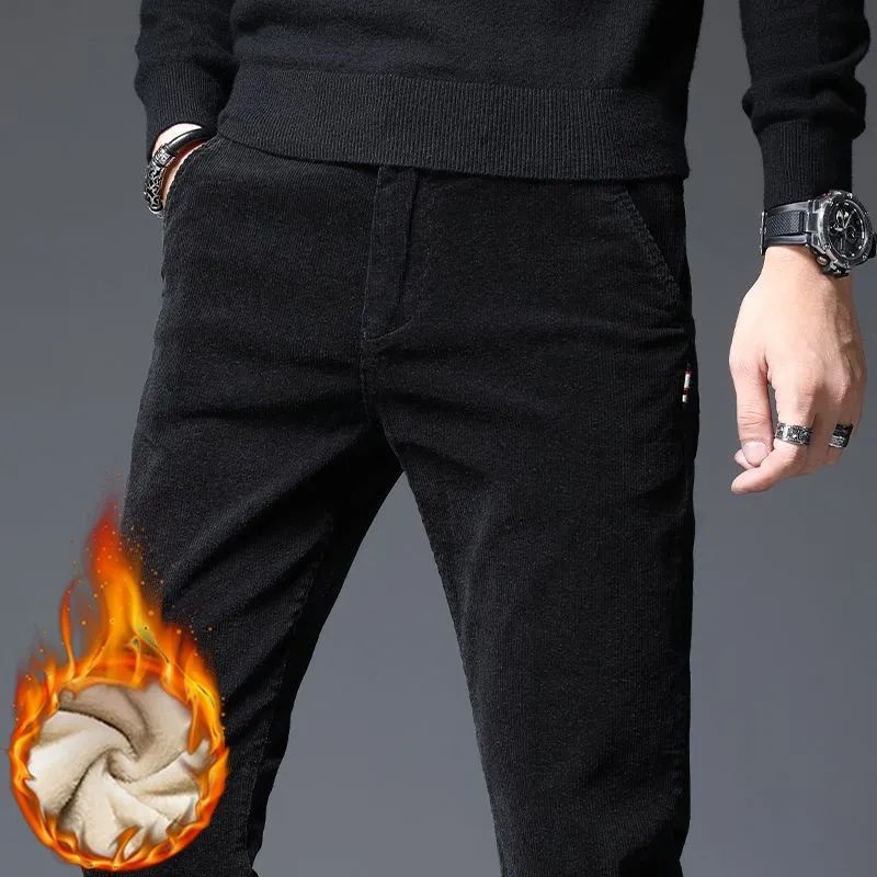 Autumn Winter Men's Corduroy Stretch Casual Slim Straight Velvet Thicken Men's Trousers Youth Pants