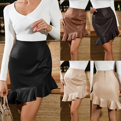 Frauen Hohe Taille Bodycon PU Leder Röcke Büro Damen Bandage Rüschen Mini Rock
