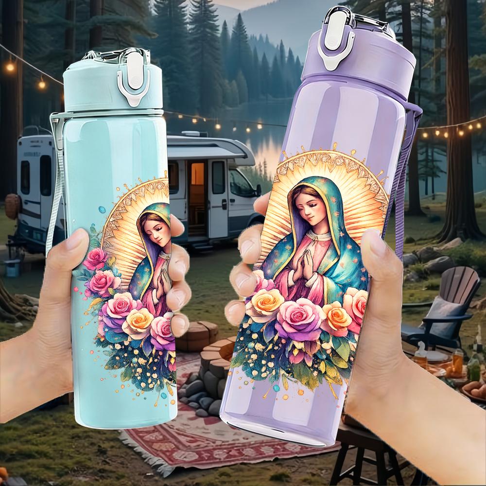 1 Stück Blumiger runder Kranz Jungfrau Maria 750 ml Farbe Kunststoff-Wasserflasche Auslaufsicherer Klappdeckel mit Strohhalm Für Sport Büro Heimgebrauch
