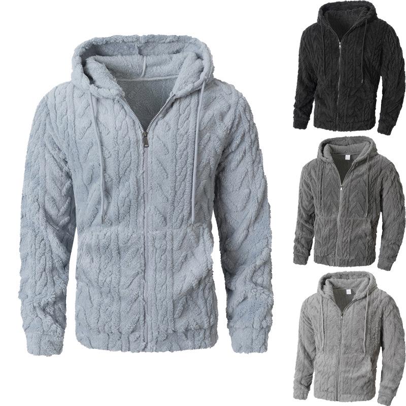 2025 Autumn/Winter European & American Men's Plush Zip-Up Hoodie - Casual Solid Color