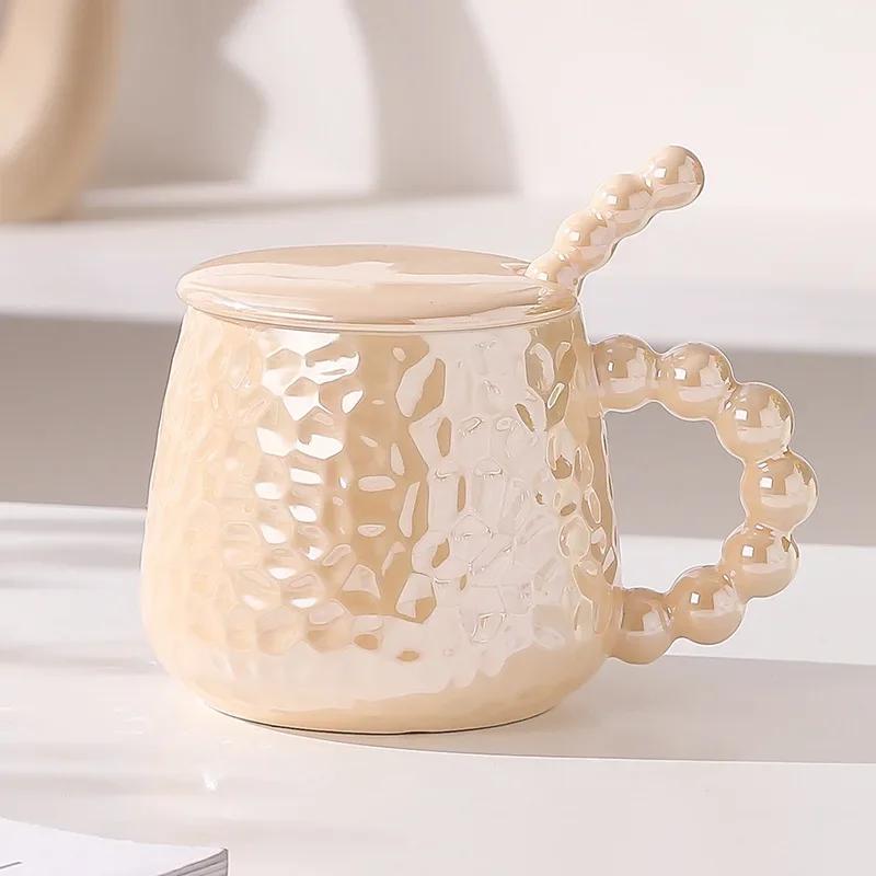 400ml Colorful Pearl Ceramic Mug with Cover and Spoon High Appearance Level for Home Breakfast Milk Tea Cup Coffe Cups