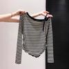 Women's Asymmetric Neck Long Sleeve Tee Slim Fit Striped Off Shoulder Top Casual Short Basic T-Shirt