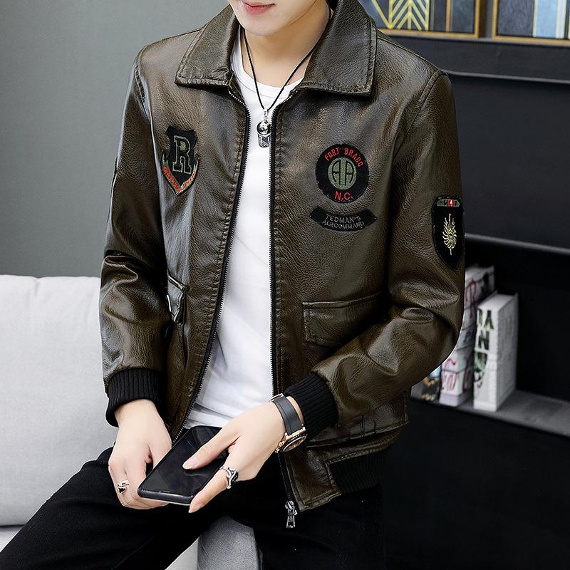 

Кожаное пальто, мужское плюшевое осенне-зимнее новое корейское повседневное кожаное пальто, мужская теплая одежда с вышивкой XXL