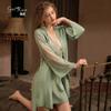 Women's Satin Long Sleeve Cami Sleep Dress with Tie Robe Bathrobe Set