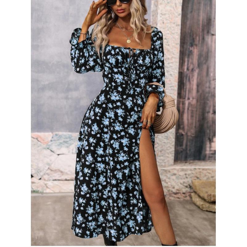 Women Elegant Floral Printed Long Dresses Casual Off-shoulder Puff Long Sleeves Ladies Side Split Dress Female Clothing