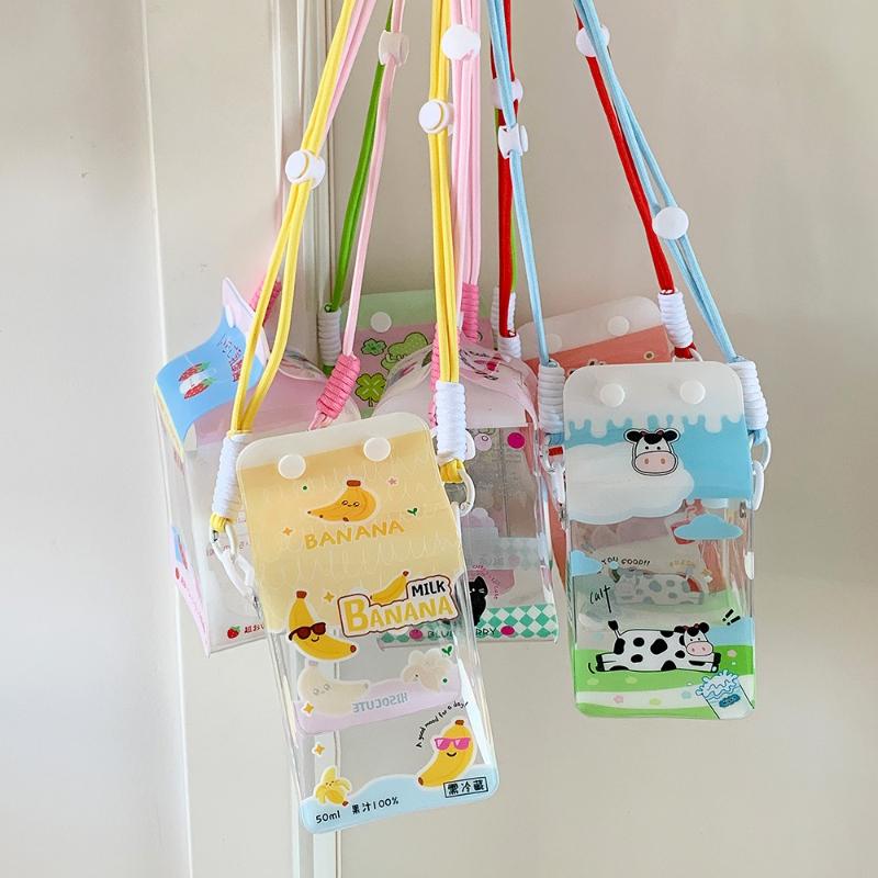 Cartoon Banana Milk PVC Storage Bags for 13cm Plush Doll Transparent Protective Case Cotton Doll Shoulder Pain Bag with Rope
