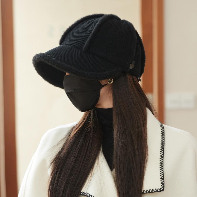 Winter Hat Women's Japanese Plush Big Head Circumference Octagonal Hat Plush Warm Face Small Cap Tide