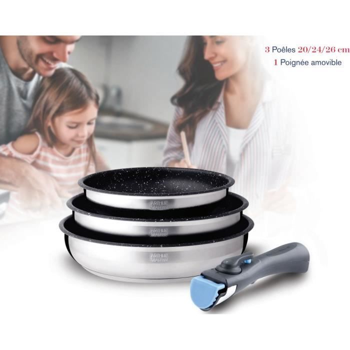Set de 3 poêles - Arthur Martin - AM2196 - 20-24-26 cm - Acier inoxydable - Poignée amovible - Tous feux dont induction