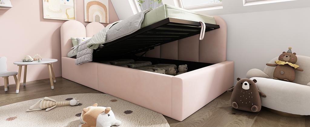 Letto Divano Imbottito 90x190 cm, Divano Letto con Contenitore Idraulico, Letto per Bambini con Rete a Doghe in Metallo, Velluto, Rosa, senza Materasso