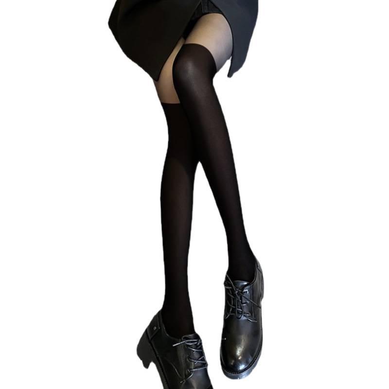 Women's Spring-Autumn Thin Spliced Black Stockings - Calf-Length, Fake Over-the-Knee Pantyhose