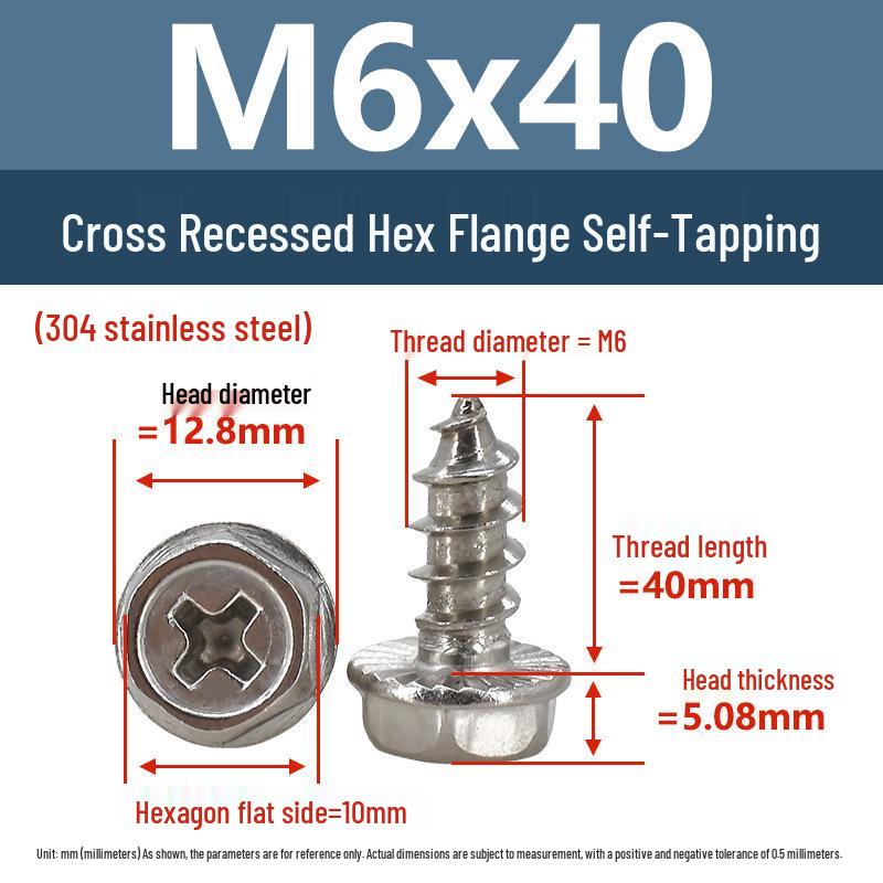 Yigu Stainless Steel Phillips Hex Head Self-Tapping Screws with Washer, Anti-Slip, Pointed Tip, M3-M6