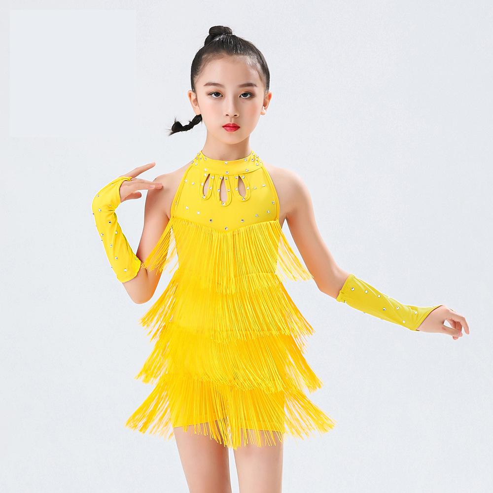 

Платье для латинских танцев с бахромой и кисточками для девочек, латинское платье, детский бальный костюм, сальса, румба, ча-ча-ча, танго, сцена 140 жёлтый