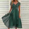 Women's V-Neck Floral Lace Chiffon Dress Short Sleeve Bridesmaid Formal Long Dress Flowy A-line Prom Cocktail Party Dress
