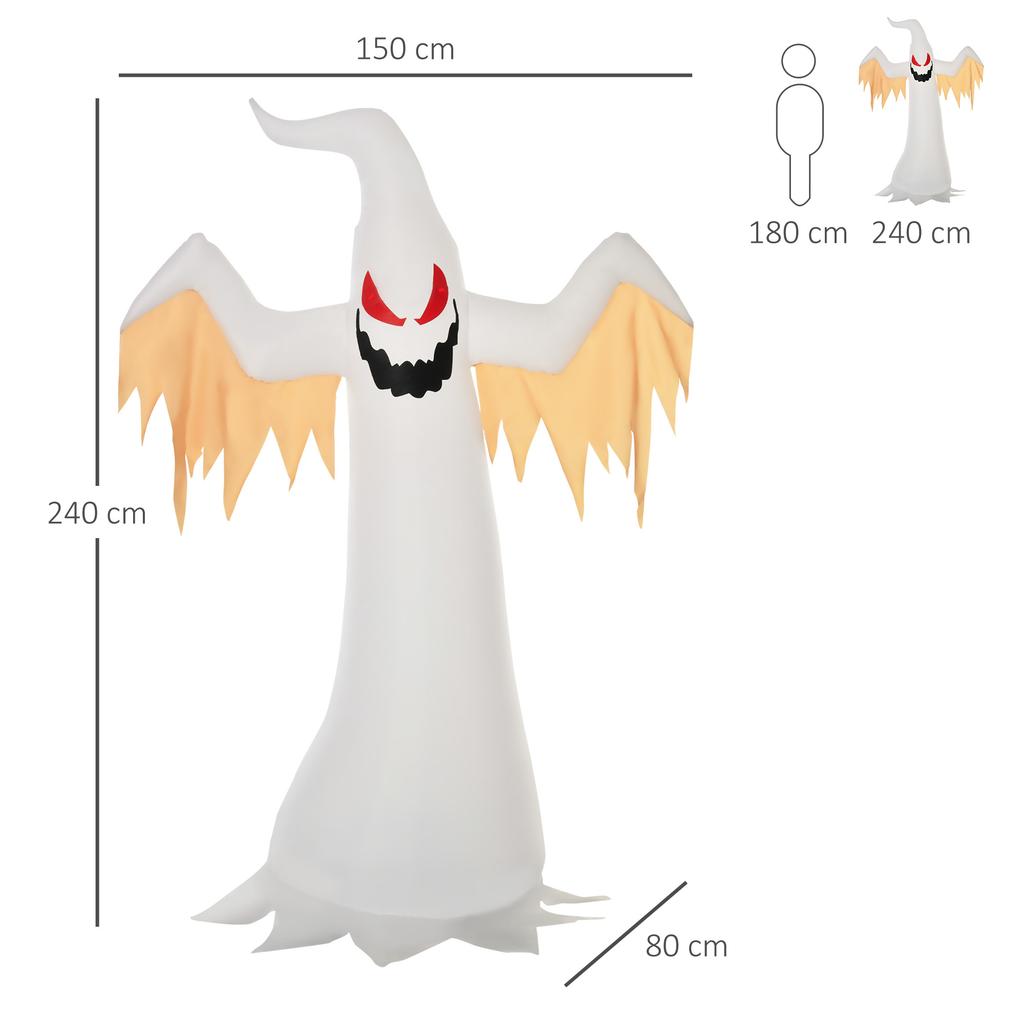 Halloweenový nafukovací duch 2,4 m Dekorace s LED IP44 Samonafukovací Polyester Bílá + Červená 150 x 80 x 240 cm