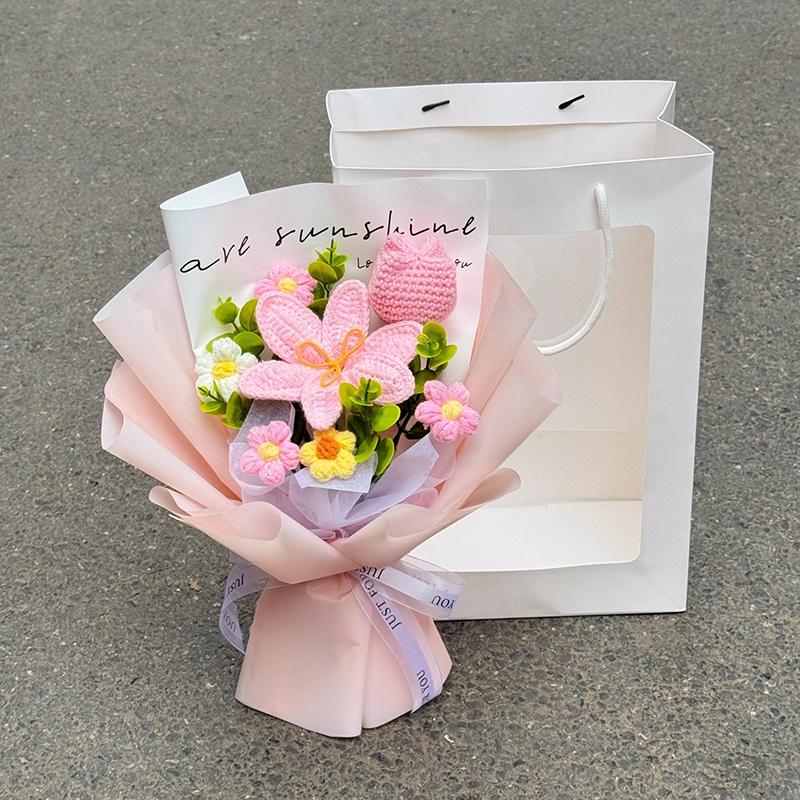 Finished Crocheted Flower Bouquet with Puppy Dog Doll Artifiacal Rose Flower  Knitting Sunflowers Valentine's Day New Year Gifts