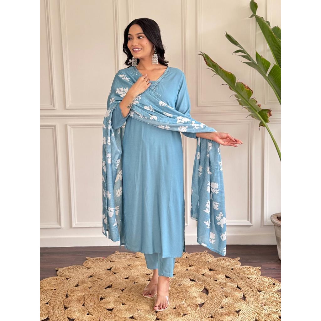 Indian Bollywood Chanderi Kurti Women Designer Top Tunic Kurta Pant Dupatta Set SC-2288