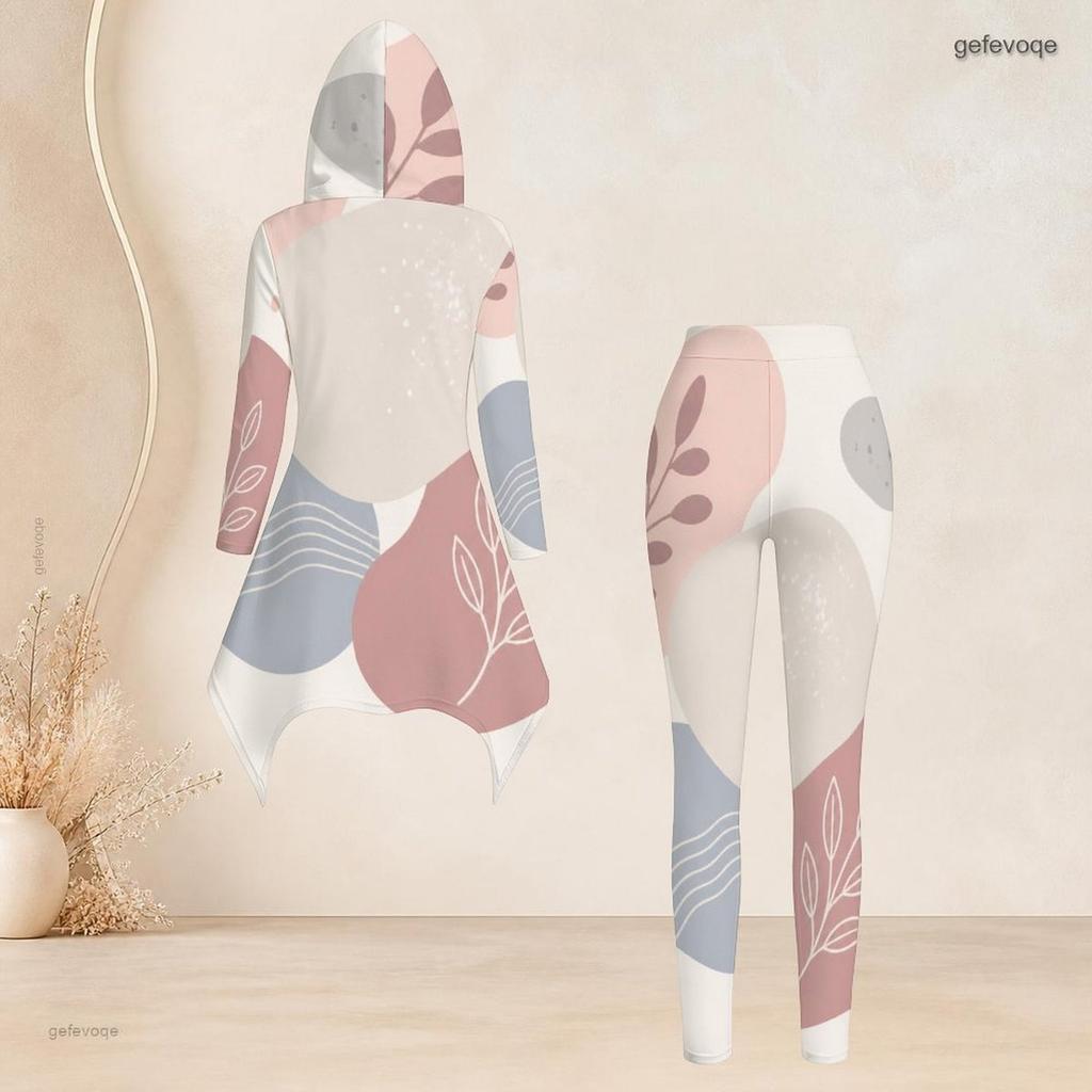 Women Plus Size Hooded Long Sleeve Printed High Low Top Fitted Pants Two Piece Set