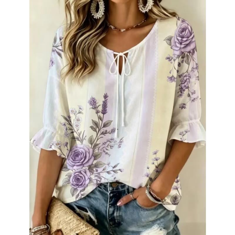 Women's Elegant Printed Lace-up Flared Top, Stylish and Versatile, Comfortable and Skin-friendly