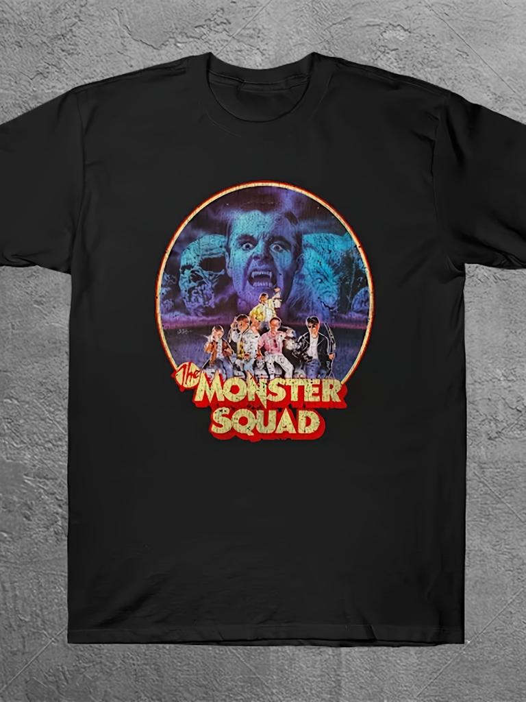 Unisexs Retro Monster Squad Pattern Tshirt Black Cotton Round Neck Casual Oversized Tshirt With Vibrant Movie Poster Design