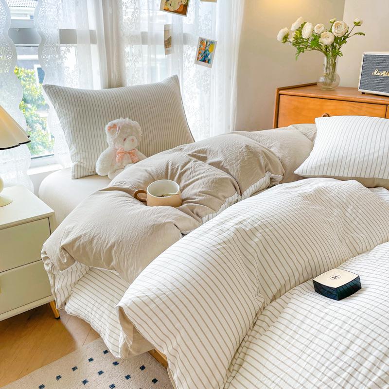 Minimalist Washed Cotton Bedding Set: Three-Piece for Dorm Beds, Includes Sheet, Duvet Cover, and Four Pillowcases