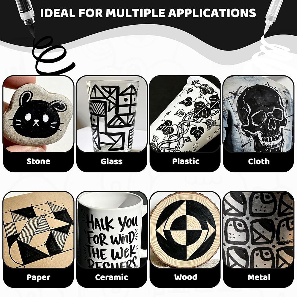 Weiß & Schwarz Acrylfarbe Stifte Sets 8er Pack Farbe Stifte Marker Pinselspitze & Direkter Tintenfluss Geeignet für Steinmalerei DIY Basteln