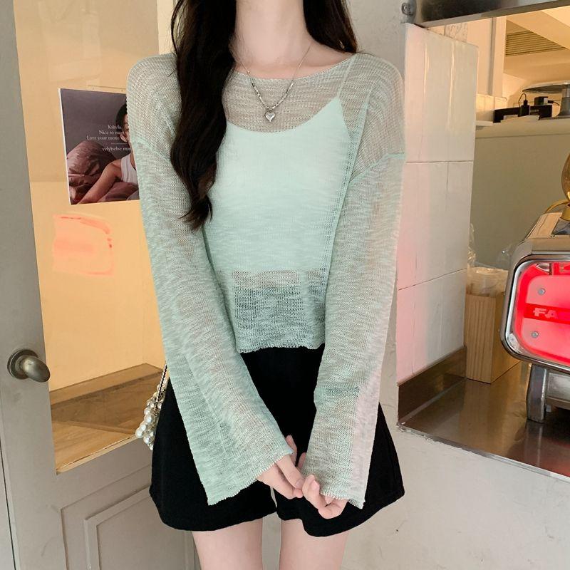 White Ice Silk Short Knit Sun Protection Cardigan Women's Summer Pullover Slim Thin Elegant Outer Wear Mesh Hollow Out Top
