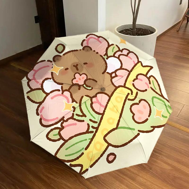 

1pc Floral Wreath Capybara Automatic Open/Close Umbrella, Folding Compact Umbrella with Lightweight Design for Women/Men yy251011082