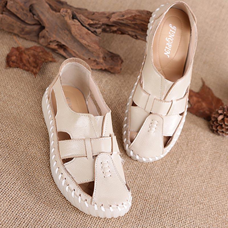 Plus Size 35-43 Summer Retro Women Hole Leather Sandals High Heels Breathable Wear-resistant Sandals
