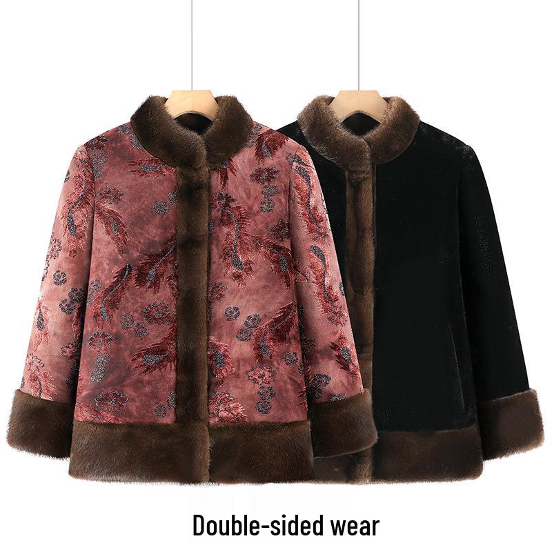 Women's Fur-lined Double-sided Winter Coat for Middle-aged & Elderly - Chinese Style, Warm Velvet