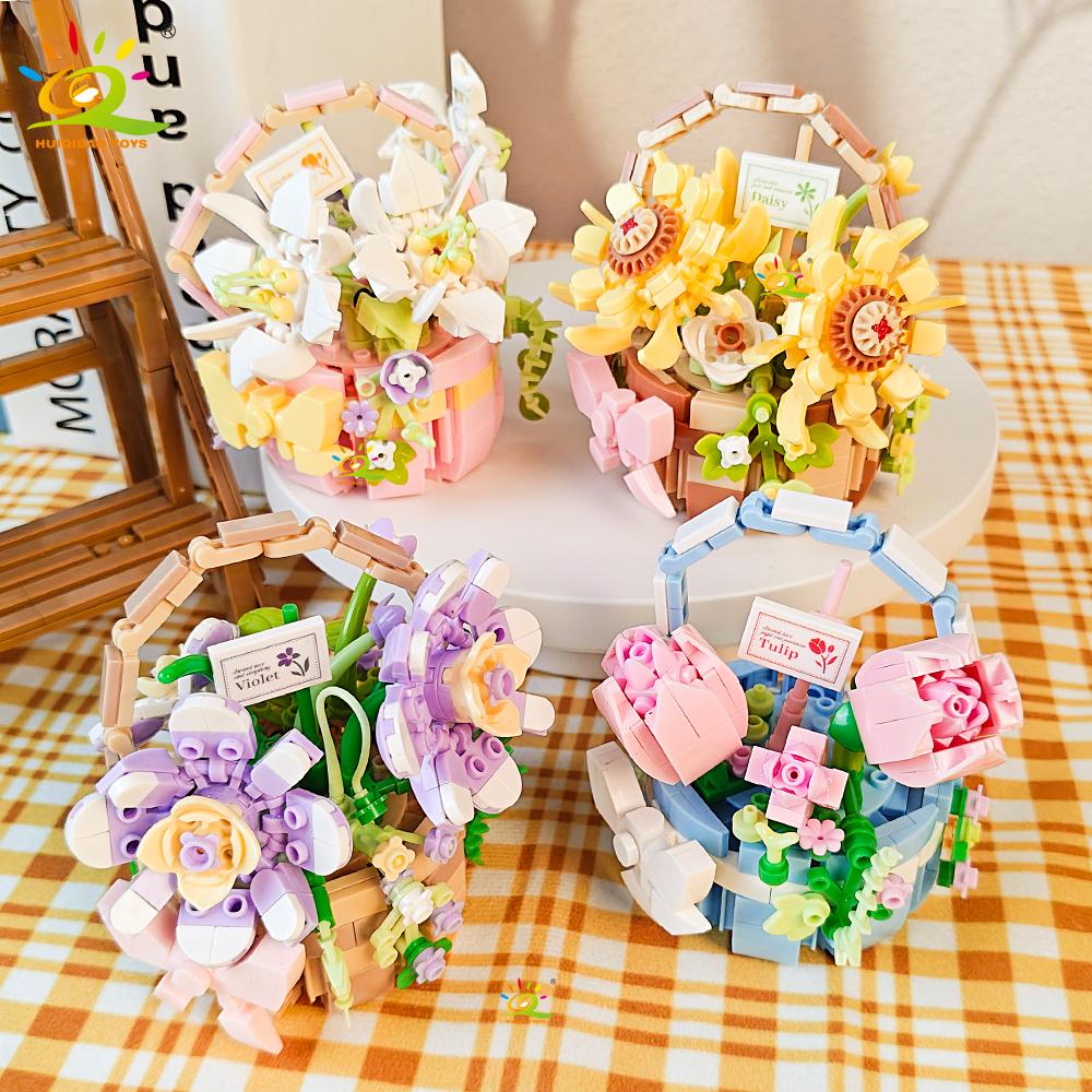 HUIQIBAO MOC Flower Model Micro Building Block DIY Eternal Bouquet Home Desk Desk Plant Decoration Brick Girl Gift Children Toy