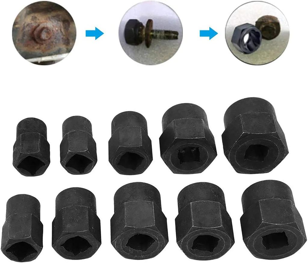 10Pcs Twist Broken Damaged Bolt and Nut Extractor Set Hex Socket Tool 9-19mm for Removing Damaged Rusted Rounded-Off Bolts