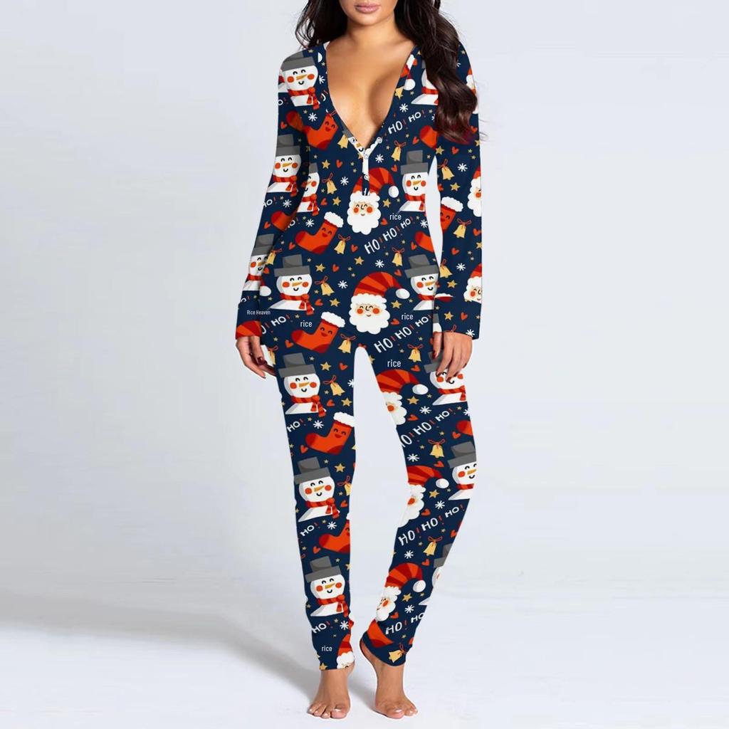 2023 Europäischer & Amerikanischer Weihnachten Langarm Knopfleiste Bedruckter Erwachsenen Jumpsuit