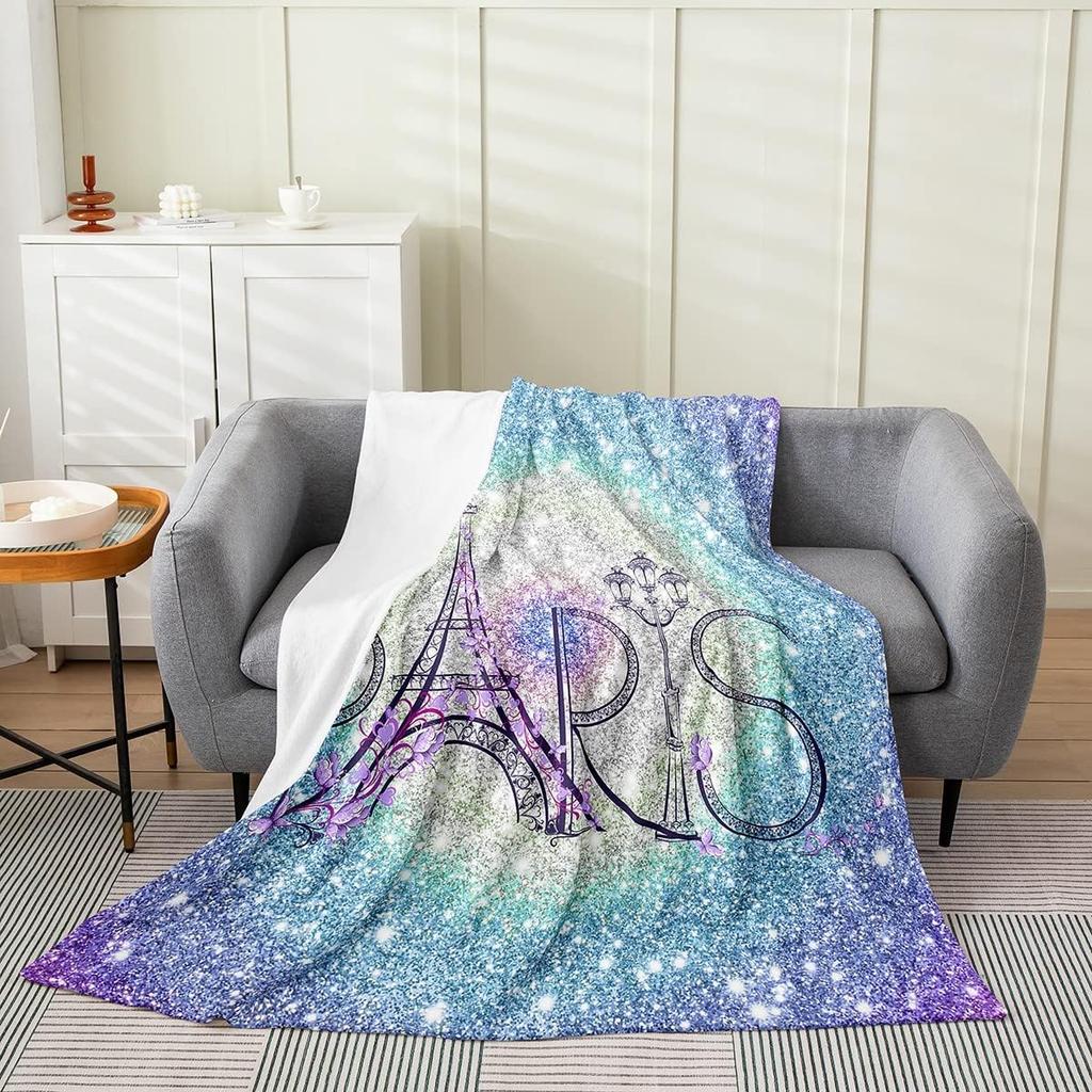 Glitter Print Eiffel Tower Plush Throw Blanket Teal Blue All Season Bed Blanket Paris Flannel Fleece Throw x Inches