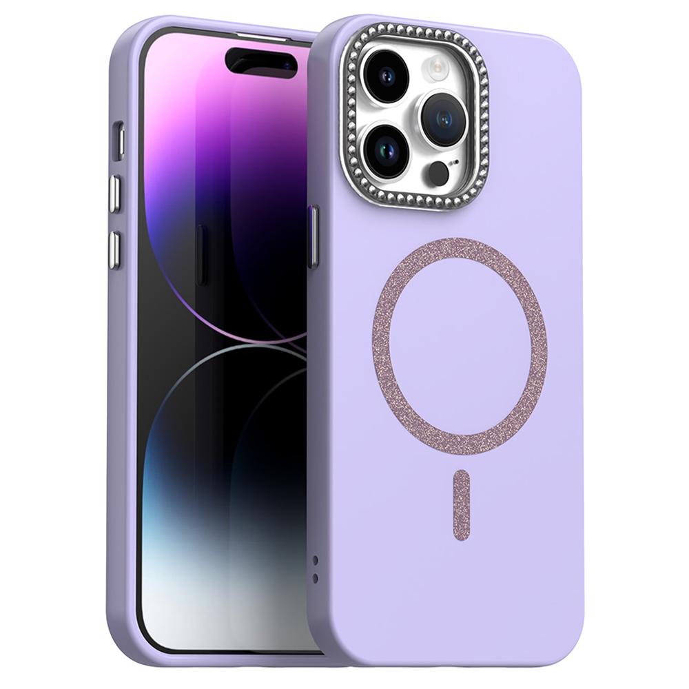 

For iPhone 14 Pro Max Case Compatible with MagSafe TPU+PET Phone Cover with Rhinestone Decor Lens Frame Purple